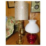 TABLE LAMP METAL BASE, RED GLASS BASE OIL LANTERN