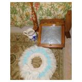 PUNCHED TIN BREAD BOX, FABRIC WREATH, WOOD WALL
