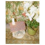 FAUX PLANT IN PLANTER, CERAMIC HOUSE/CANDLE