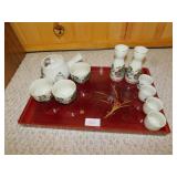 ORIENTAL TEA SET ON TRAY WITH SAKI CUPS