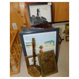 GROUP OF PICTURES, METAL EASEL WITH PICTURE, ETC.