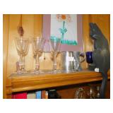 GLASSES, PEWTER MUG, BLUE GLASS FIGURINES ETC.