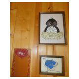 FRAMED SEWN PICTURES OF TENNIS SHOES AND AN OWL,