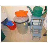 METAL TRASH CAN, WATERING CAN, FOLDING STOOL/STEP