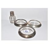 THREE STERLING RIM COASTERS, SILVER OVERLAY SALT