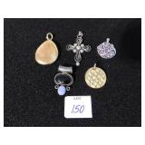 FIVE PENDANTS FOR NECKLACE CROSS, INLAID ETC.