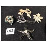 FIVE PIN BROOCHES LEAF, STARFISH, BOW W
