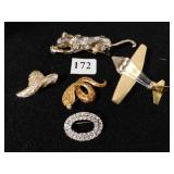 FIVE COSTUME JEWELRY PINS AIRPLANE, SNAKE, HAT,