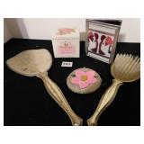 MIRROR AND BRUSH DRESSER SET, BEADED COIN PURSE,