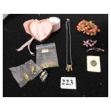 NECKLACE, EARRINGS IN HEART BOX, BRACELET, TWO