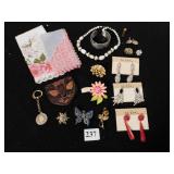 RHINESTONE EARRINGS ON CARDS, ASSORTED PINS,