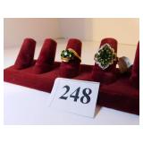TWO 14K GOLD LADIES COSTUME JEWELRY RINGS GREEN