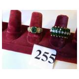 TWO LADIES 14K GOLD COSTUME JEWELRY RINGS GREEN