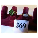 TWO 14K GOLD LADIES COSTUME JEWELRY RINGS GREEN