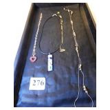FOUR NECKLACES, SILVER WITH RED RHINESTONE HEART