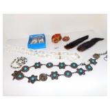 FUR TAILS, WHITE PLASTIC NECKLACE AND EARRING