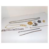 SILVER NECKLACE, PINS, GOLD TONE PENDANT