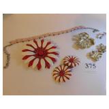 THREE NECKLACE AND EARRING SETS RED/WHITE DAISY,