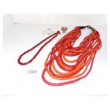 RED BEADED MULTI STRAND NECKLACE, RINGS, RED SEED