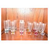 12 SHOOTERS MULTI COLOR GLASS BASES & DECANTER