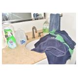 GROUP OF TOWELS, BLUE GREEN, AND DISTILLED WATER,