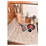 CLAY UTENSIL HOLDER, WHIPS, MEASURING CUPS, DISH