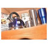 WHISTLING TEAPOT - 2 NEW THERMOS MUGS, PIE PANS,