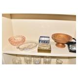 PINK DEPRESSION BOWL, WOOD PEDESTAL BOWL,