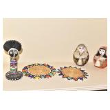 BEADED COASTERS, BEADED DOLL, 2 ORIENTAL DOLLS
