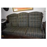 OAK PLAID SOFA W/ CARVED FLOWER DESIGN BY GLOBE