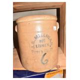 11" H BLUE DECORATED 6 GALLON CROCK - SMALL CHIPS