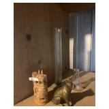 CAST IRON DOG, CARVED ELEPHANT, BEAKERS