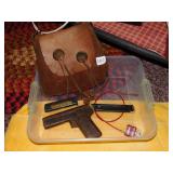 METAL TOY GUN, 9MM MAG, .22 MAG, LEATHER SATCHEL