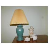 GREEN CERAMIC LAMP, OWL STATUE, VASE, ETC.