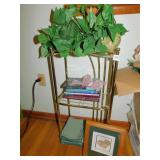 3 TIER STAND 37H, SNAIL STATUE, BOOKS, ETC.