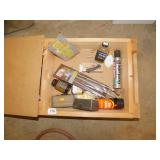 WOODEN BOX, GUN CLEANING ITEMS, CASE KNIFE, ETC.