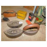 VINTAGE PLANE, DRAWN KNIFE, IRONS, TINS