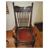 ANTIQUE PRESSED BACK ROCKER LEATHER SEAT- CARVED