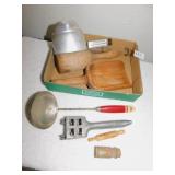 KITCHEN VINTAGE SPOONS, SIFTER, OLD BOOKLETS