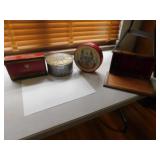 OAK BOX W/ FABRIC LINING HELD TRAVEL KIT, TIN