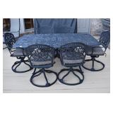 CAST IRON PATIO UMBRELLA TABLE 70"L 42"W WITH 6