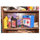 FIRST AID KIT, PENNZOIL 10W-30, X-MAS LIGHTS ETC.