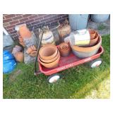 WAGON CLAY POTS, 2 BLUE GLAZED PLANTERS
