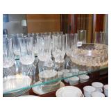 CRYSTAL BOWL, 5 CRYSTAL GLASSES, TWO GLASS RABBITS