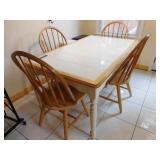 PINE TILE TOP TABLE WITH 4 CHAIRS WARE ON EDGES