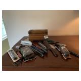 CARVED WOOD BOX, SHOE LACES, ETC