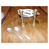 TWO STERLING SPOONS, BALDWIN BRASS CANDLE STICK