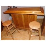 OAK BAR W/ 2 STOOLS AND BRASS RAIL 56" LONG X 21"