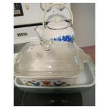 TEAPOT, SMALL BLUE PYREX CASSEROLE DISH AND