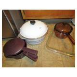 PYREX CASSEROLE DISH, CLUB POT WITH LID, ETC.